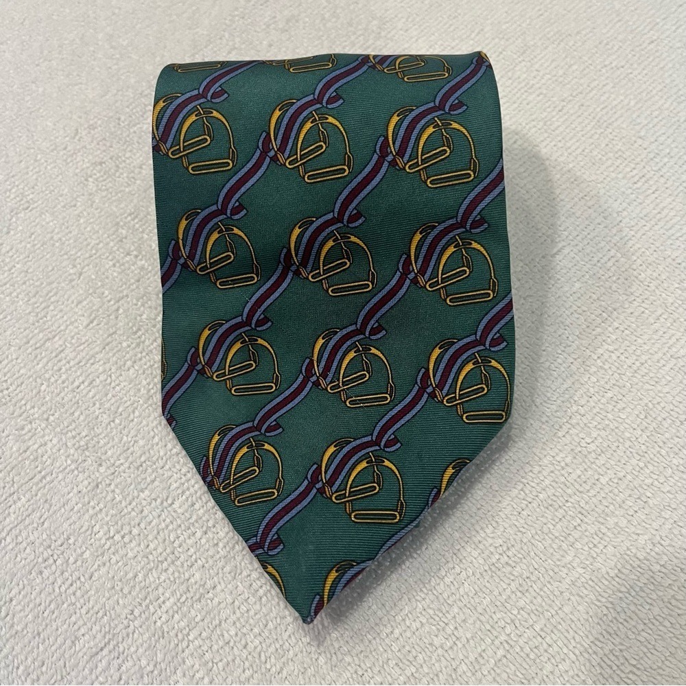 Christian Dior Monsieur Silk Tie Teal Green Equestrian Stirrup Pattern USA Made